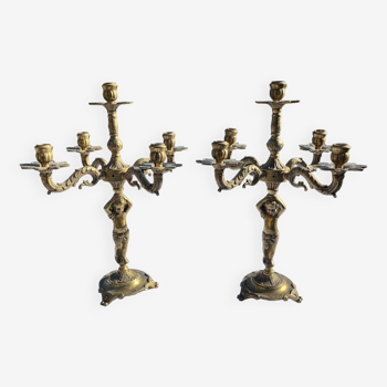 Pair of bronze cherub candlesticks 19th