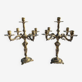 Paire de chandeliers  bronze chérubins 19 eme