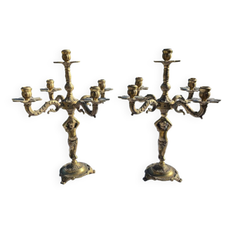 Pair of bronze cherub candlesticks 19th