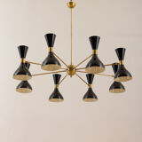 8 arms Italian chandelier with diabolo shades in Stilnovo style
