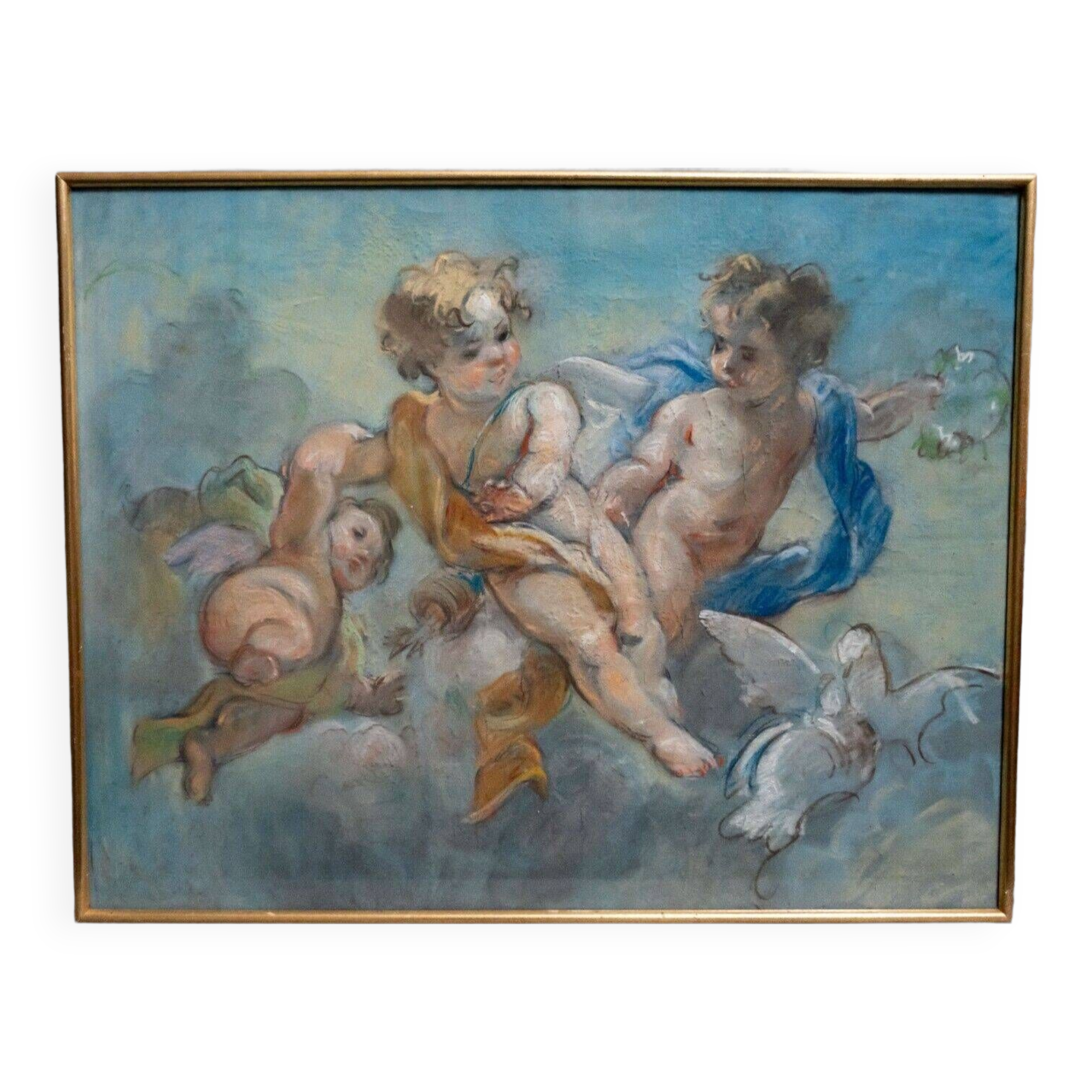 Late 19th century pastel painting decorated with cherubs and doves