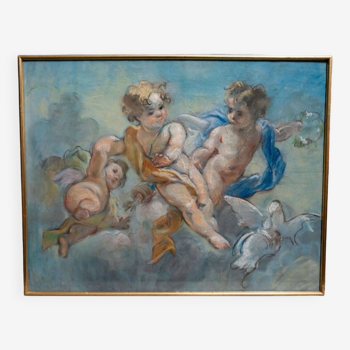 Late 19th century pastel painting decorated with cherubs and doves