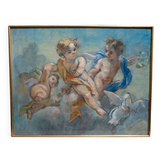Tableau pastel fin XIXe décor d'angelots et de colombes