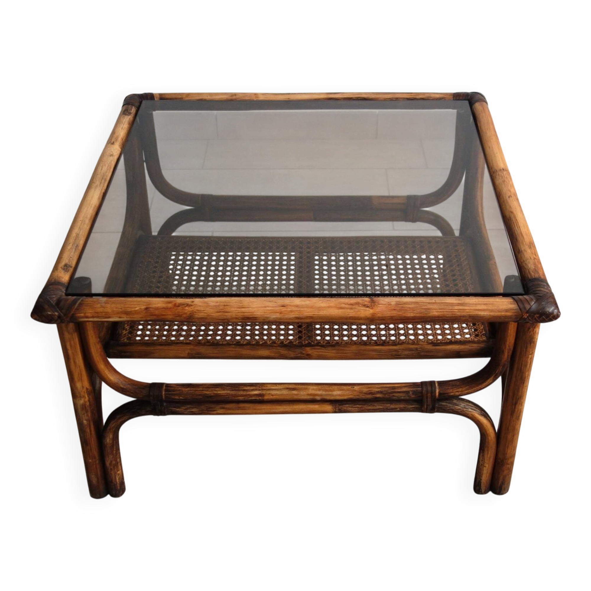 Table basse vintage bambou, rotin et cuir années 60