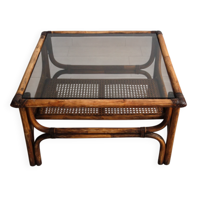 Table basse vintage bambou, rotin et cuir années 60