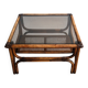 Table basse vintage bambou, rotin et cuir années 60