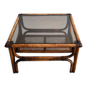 Vintage coffee table made of bamboo, rattan, and leather from the 1960s.