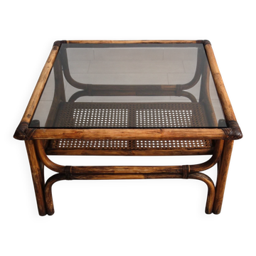 Table basse vintage bambou, rotin et cuir années 60
