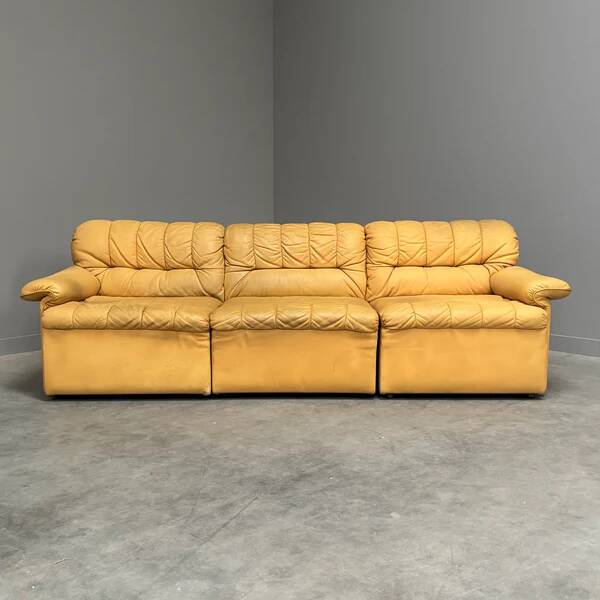 Yellow leather lounge sofa by Laauser, 1970s