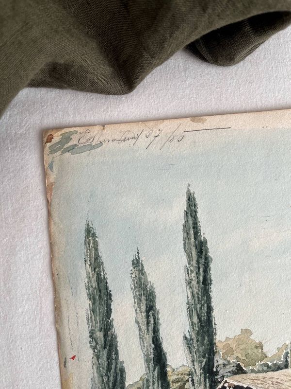 Aquarelle ancienne paysage rural daté 1885