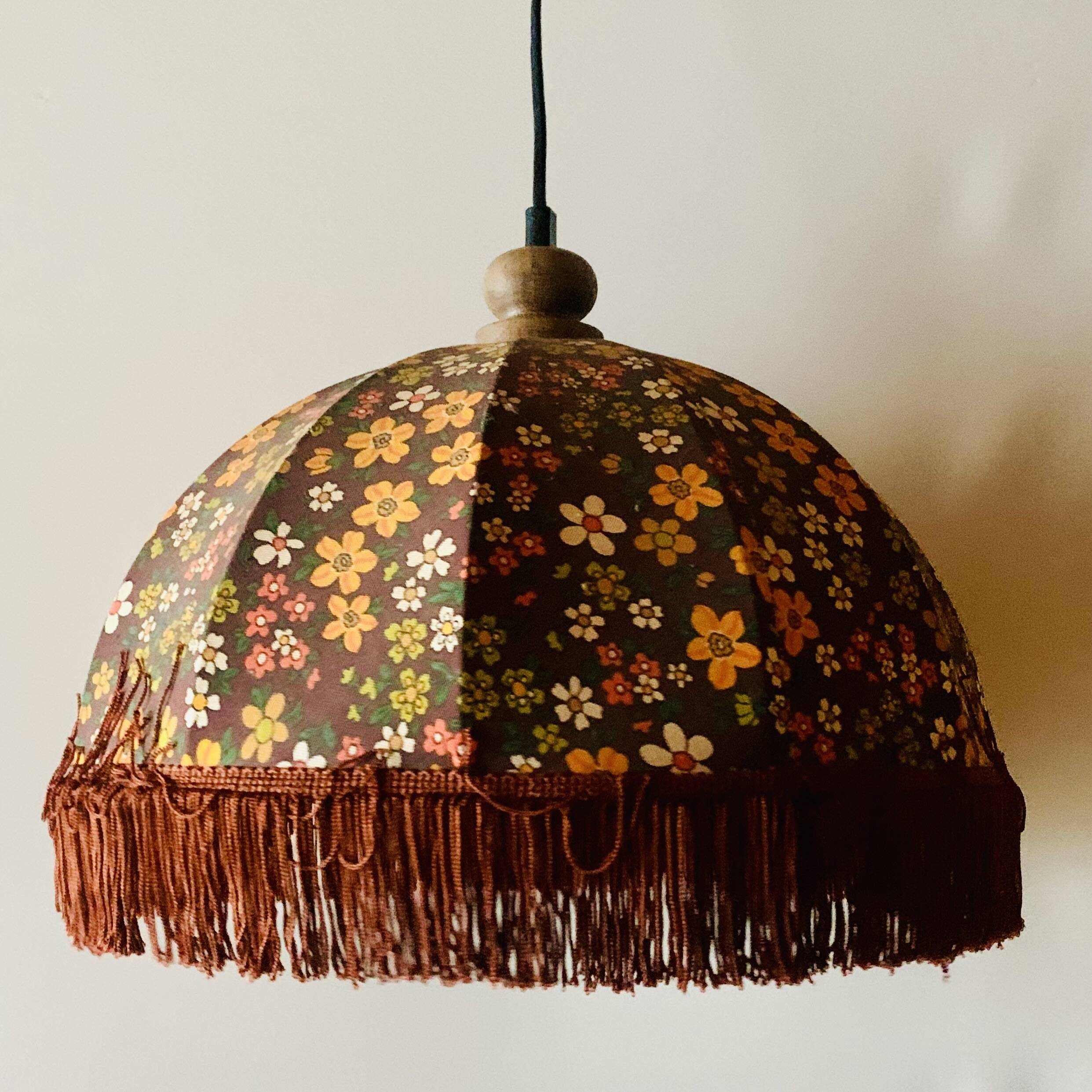Vintage fringed pendant light in floral fabric - 1970s