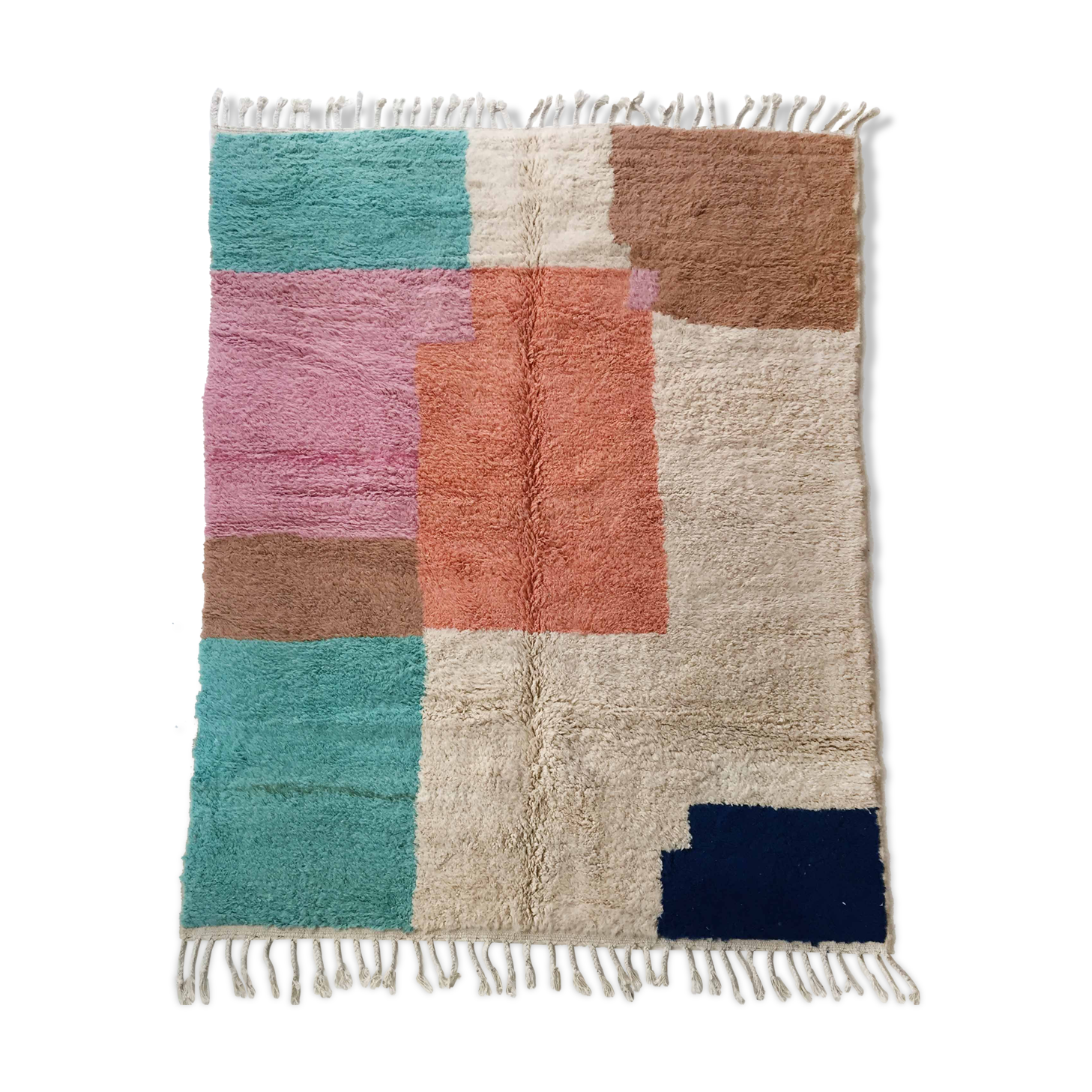 Moroccan Berber carpet Boujaad ecru with colorful flats 273x206cm
