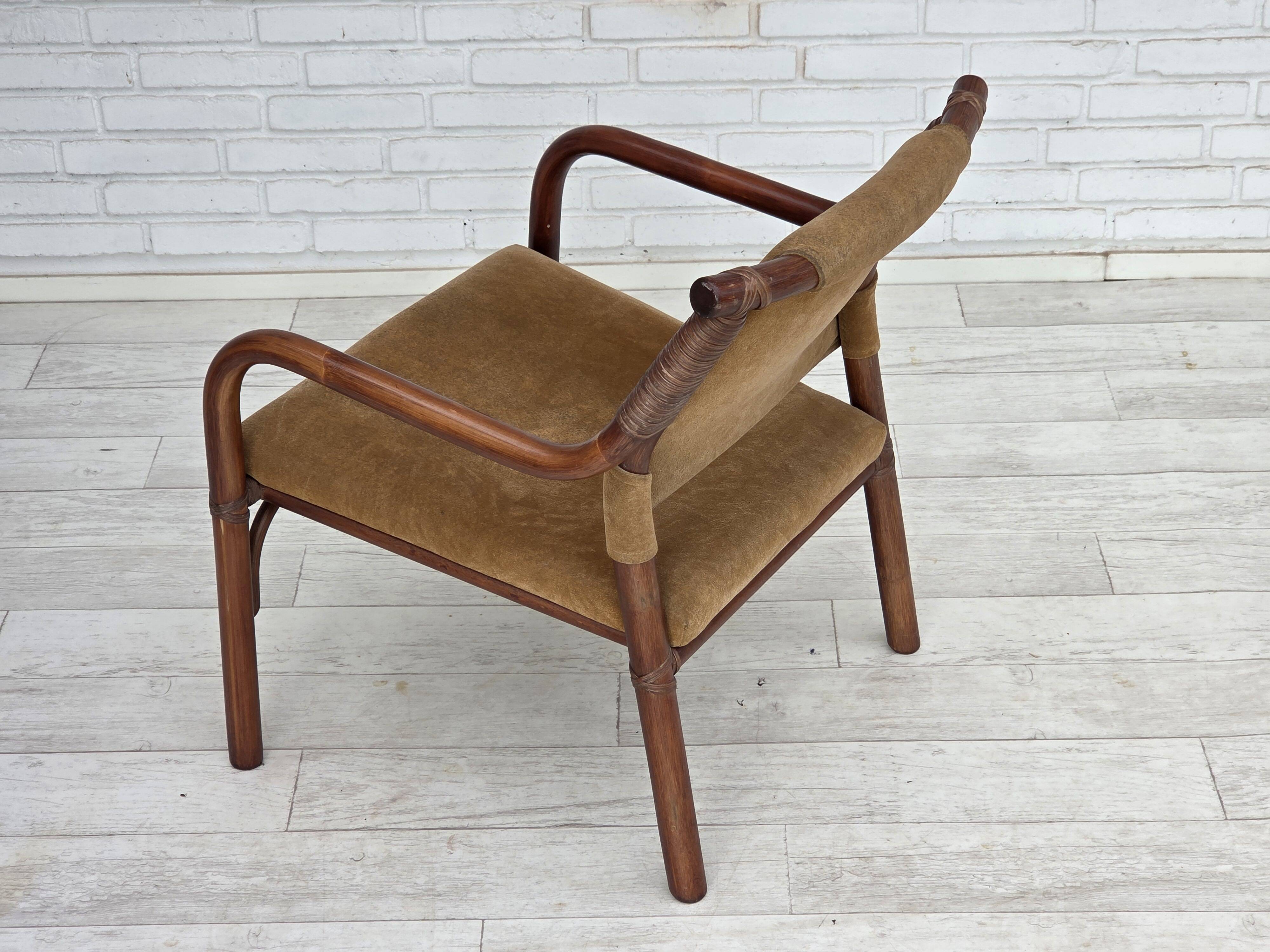 1970s, Danish coffee armchairs with table, rattan, nubuck fabric.