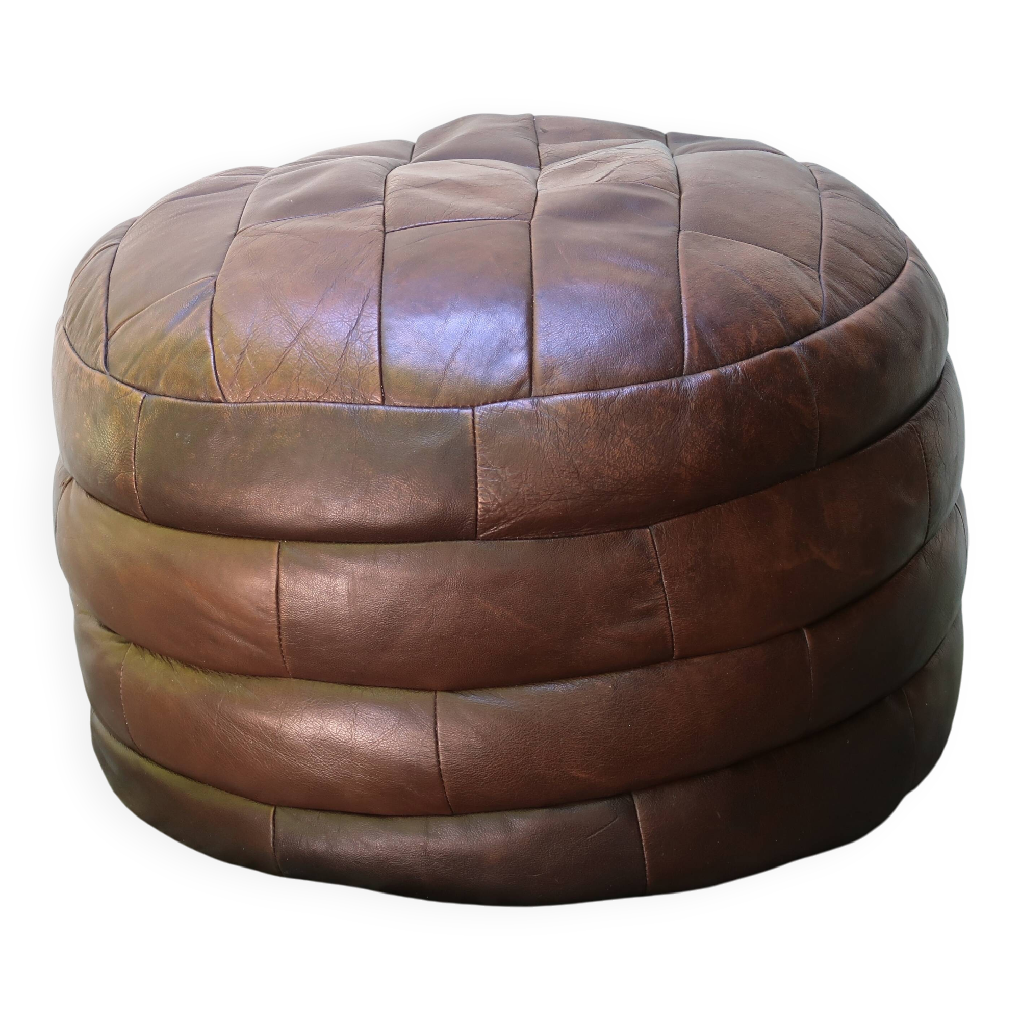 Pouf rond en patchwork de cuir marron foncé, années 70