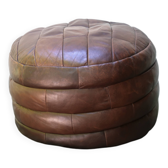 Pouf rond en patchwork de cuir marron foncé, années 70
