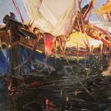 Painting by L. Lutz depicting a tartan at the quayside in a Provençal port