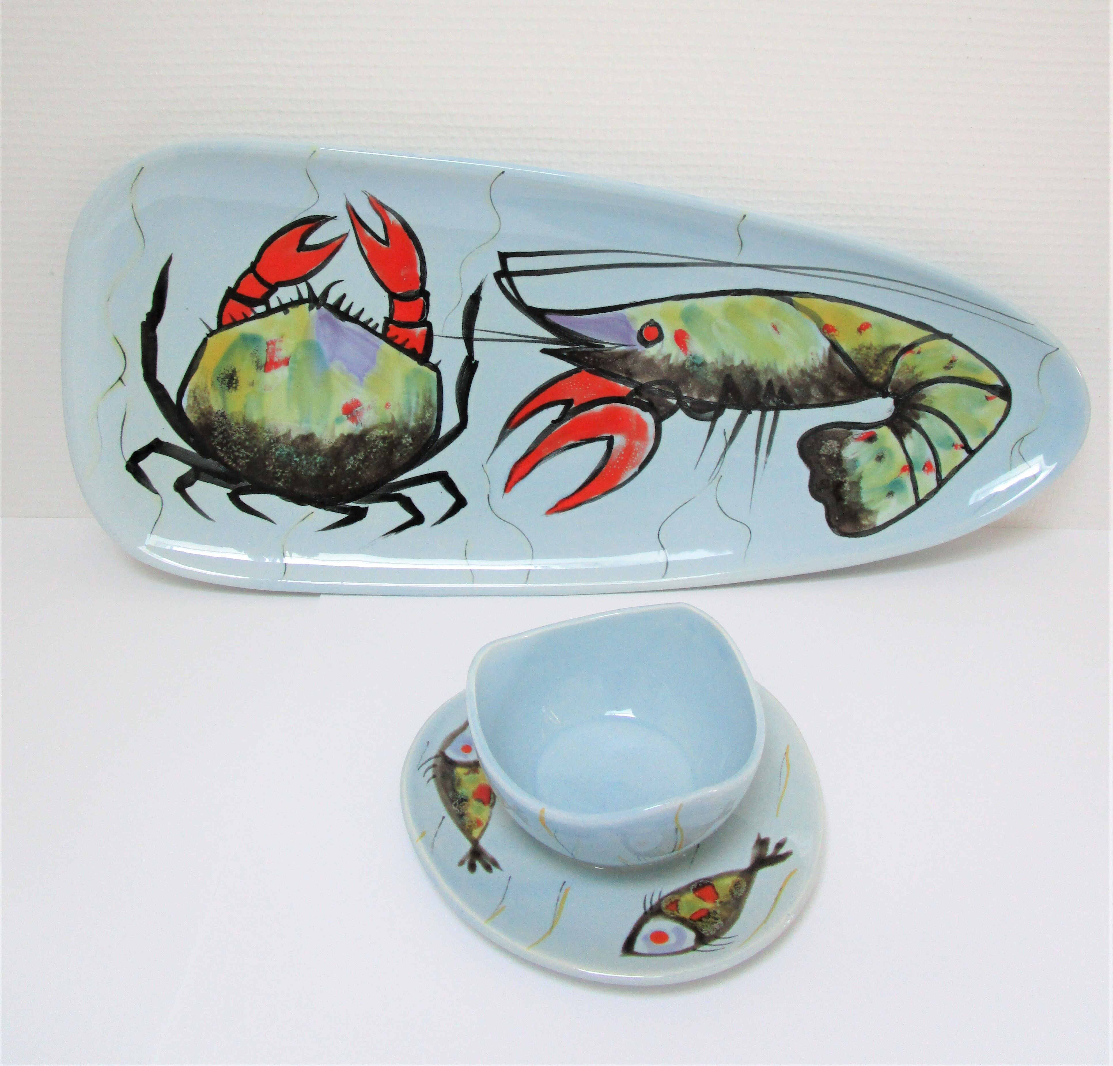 Dish and sausage fish crustaceans earthenware Pornic Bernard Serraz design 60s