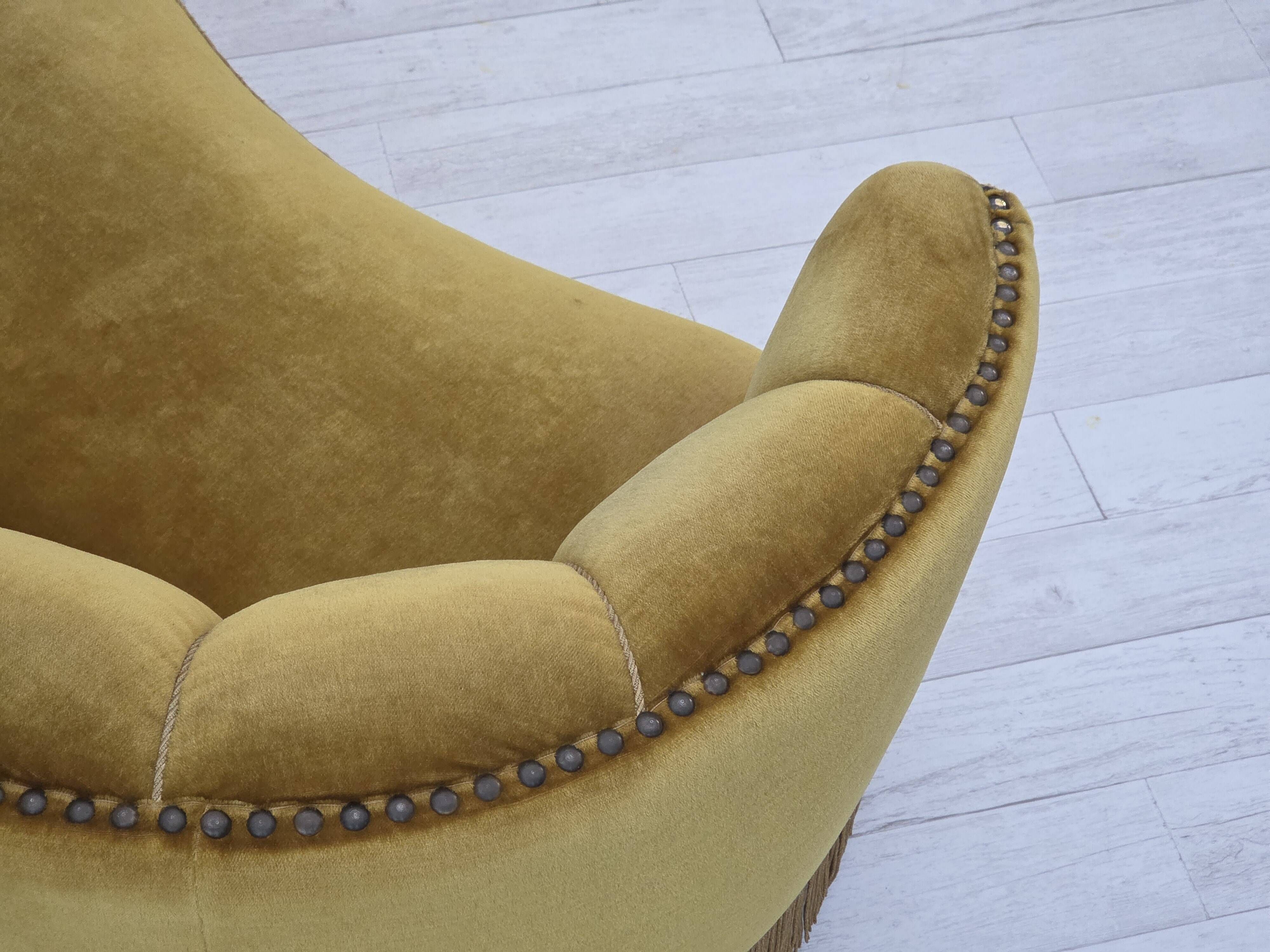 1960s, Danish 2-seater "Banan" sofa, green furniture velour, oak wood.
