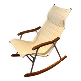 Fauteuil à bascule Mid-Century marron cuir, bois et acier argenté par Takeshi Nii