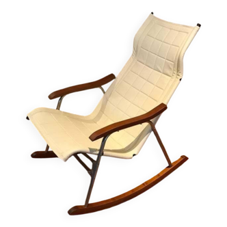 Mid-Century brown leather rocking chair, wood and silver steel by Takeshi Nii