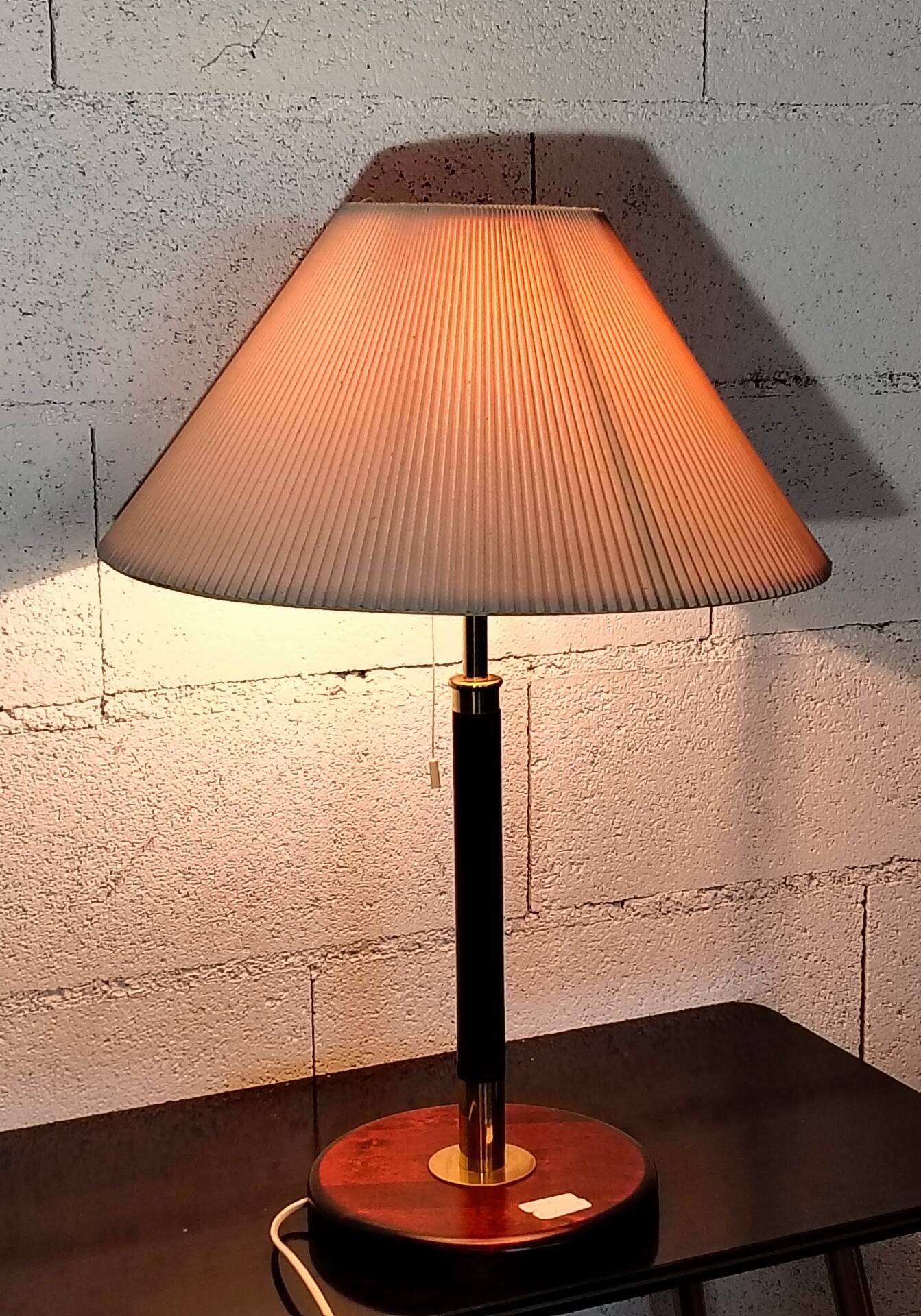 Vintage Wooden, Brass & Leather Table Lamp – 1970s