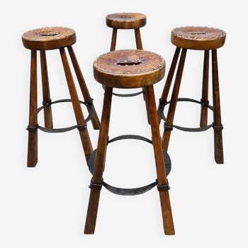 Tabourets de bar en cuir espagnol vintage 'Brutalism'