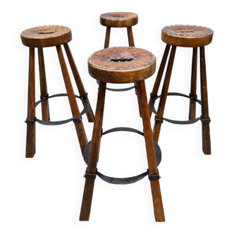 Tabourets de bar en cuir espagnol vintage 'Brutalism'