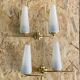 Pair of vintage double wall lights in brass with white ribbed glass tulips.