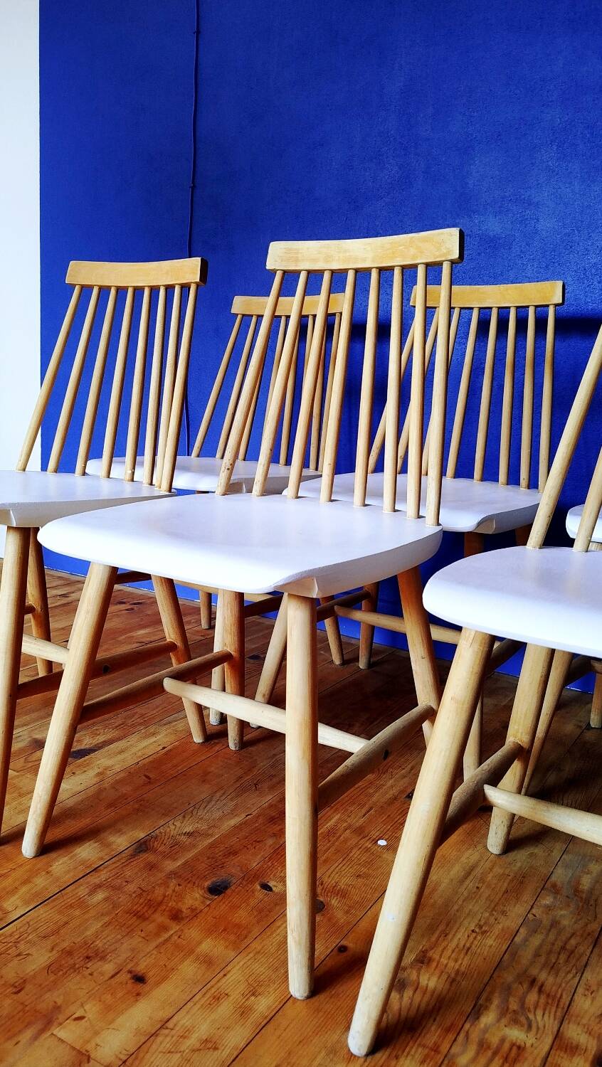 6 vintage wooden and white chairs