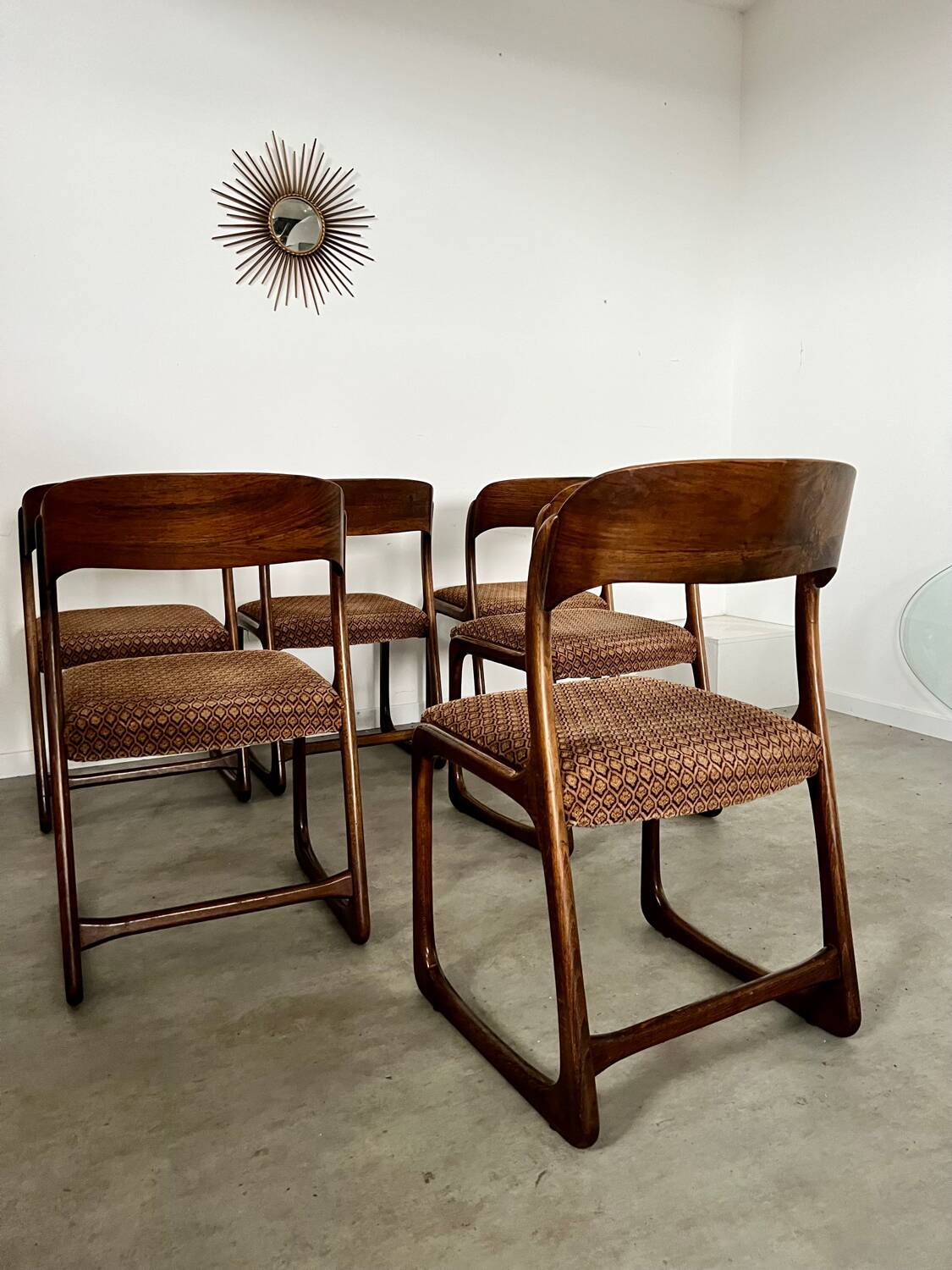 Set of 6 old baumann design sled chairs from the 60s wood and fabric