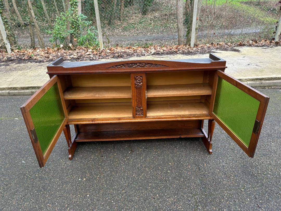 Art Deco sideboard in solid oak and frosted green glass, 1940.