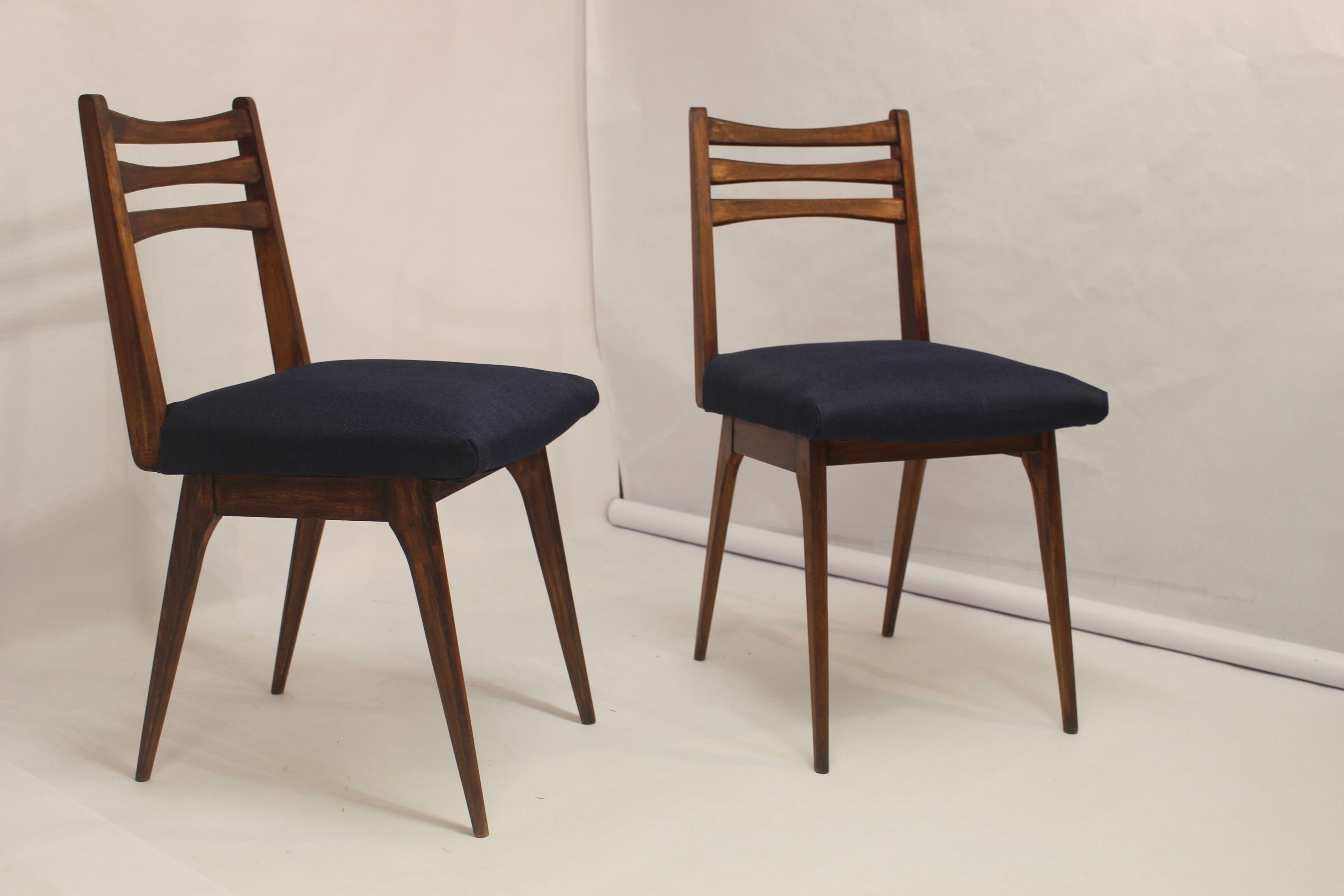 Pair of Scandinavian chairs seated night blue fabric restored, year 60.