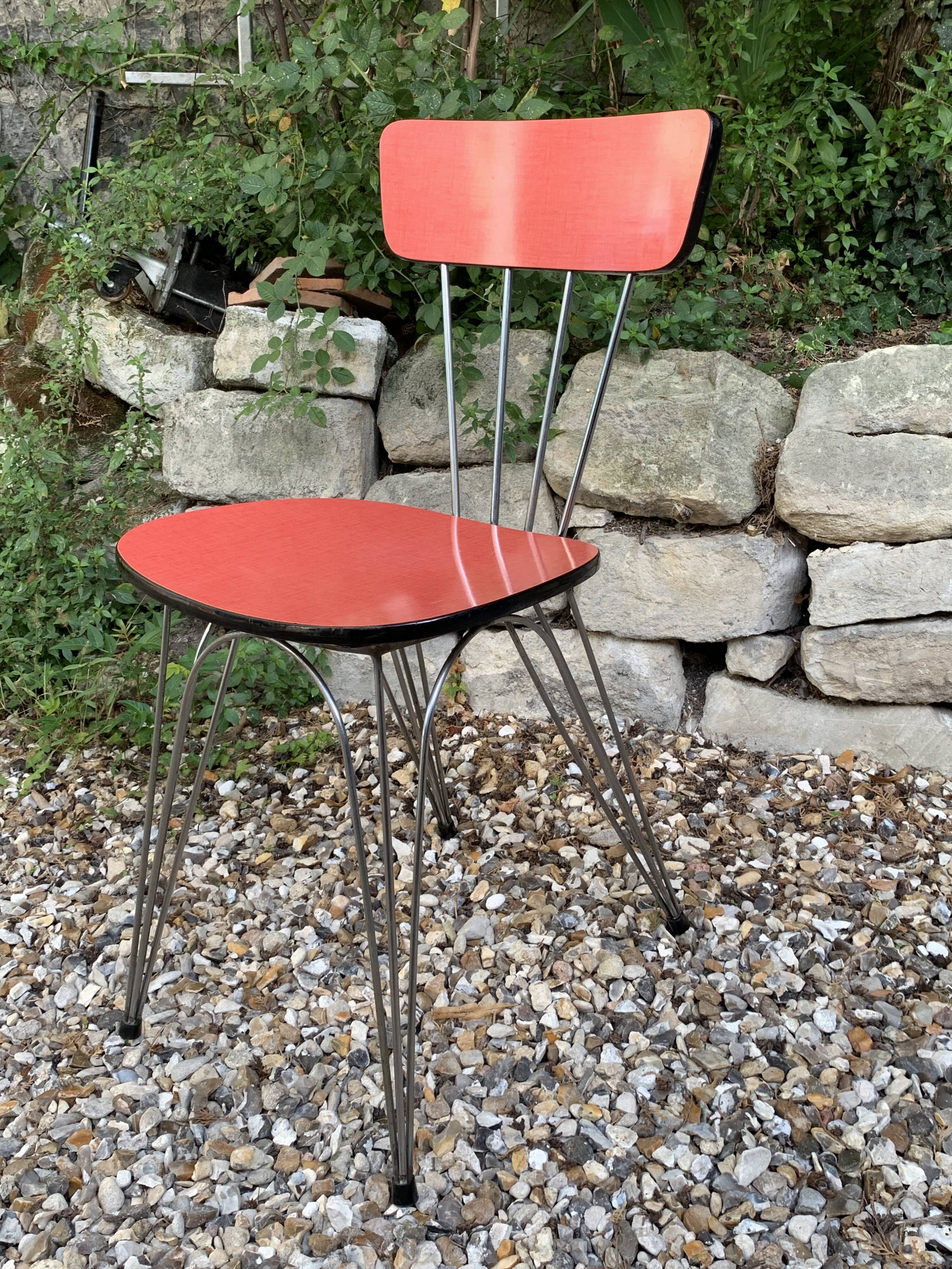 4 red Formica chairs with Eiffel legs, 1950s
