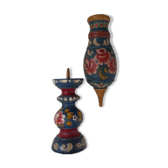 Traditional handpainted wooden candle holders, vintage from the 1960s.