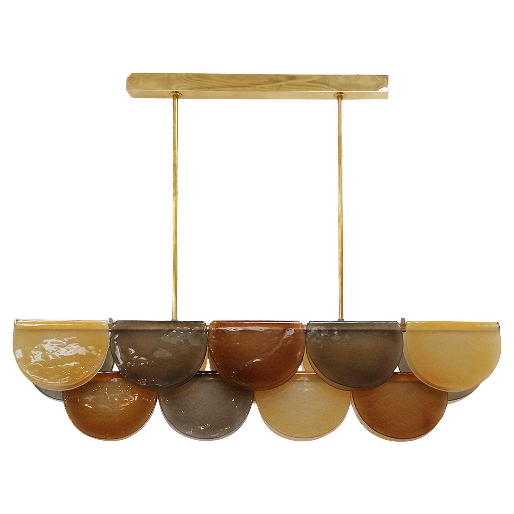 Contemporary Elongated Brown and Gold Murano Glass and Brass Ceiling Lamp, Italy