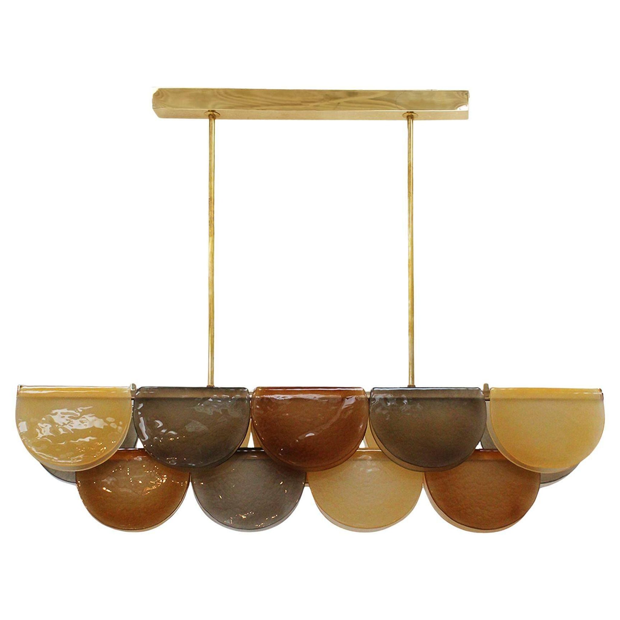 Contemporary Elongated Brown and Gold Murano Glass and Brass Ceiling Lamp, Italy