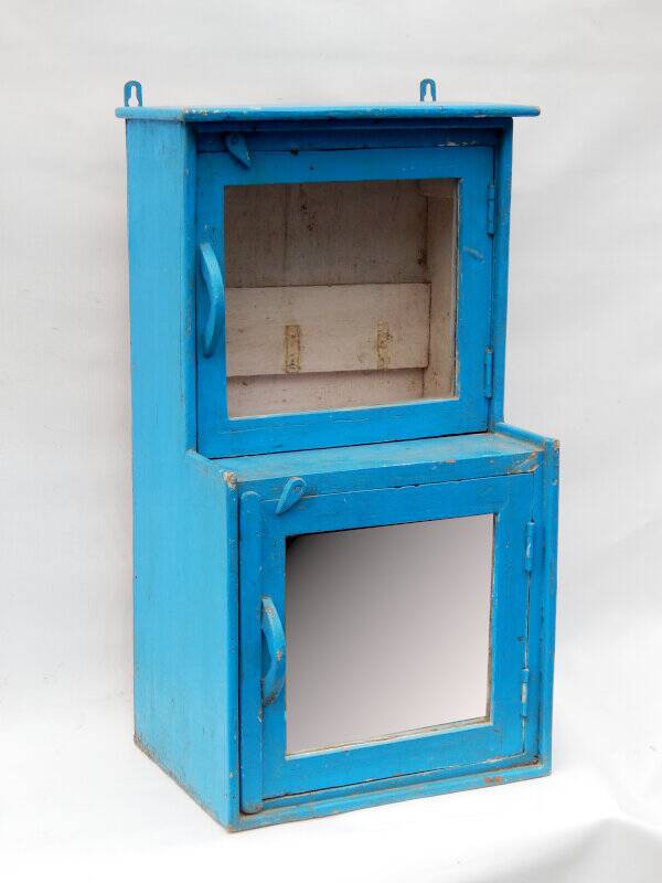 Indian blue window glass and mirror vintage old teak wood