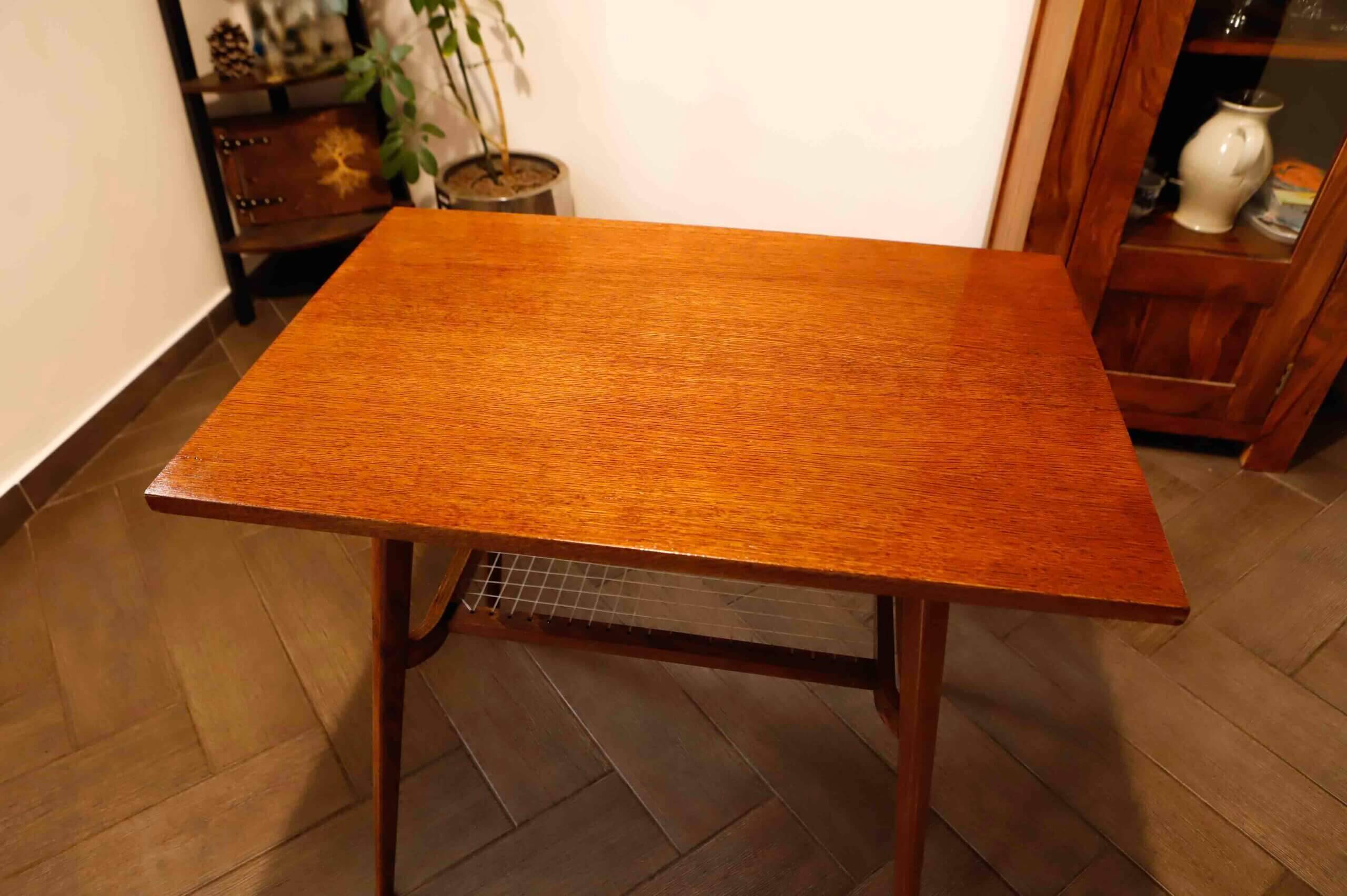 Brussels style retro table with woven shelf – Dřevopodnik Holešov, 1960s