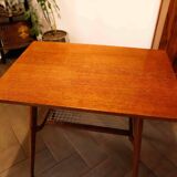 Brussels style retro table with woven shelf – Dřevopodnik Holešov, 1960s