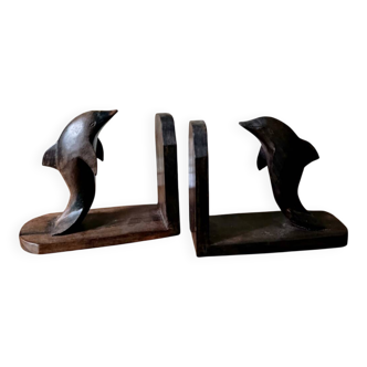 Wooden bookends in the shape of dolphins, vintage 1970.