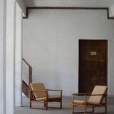 Børge Mogensen, a pair of BM2256 lounge chairs in oak and jute, Denmark, 1960s.