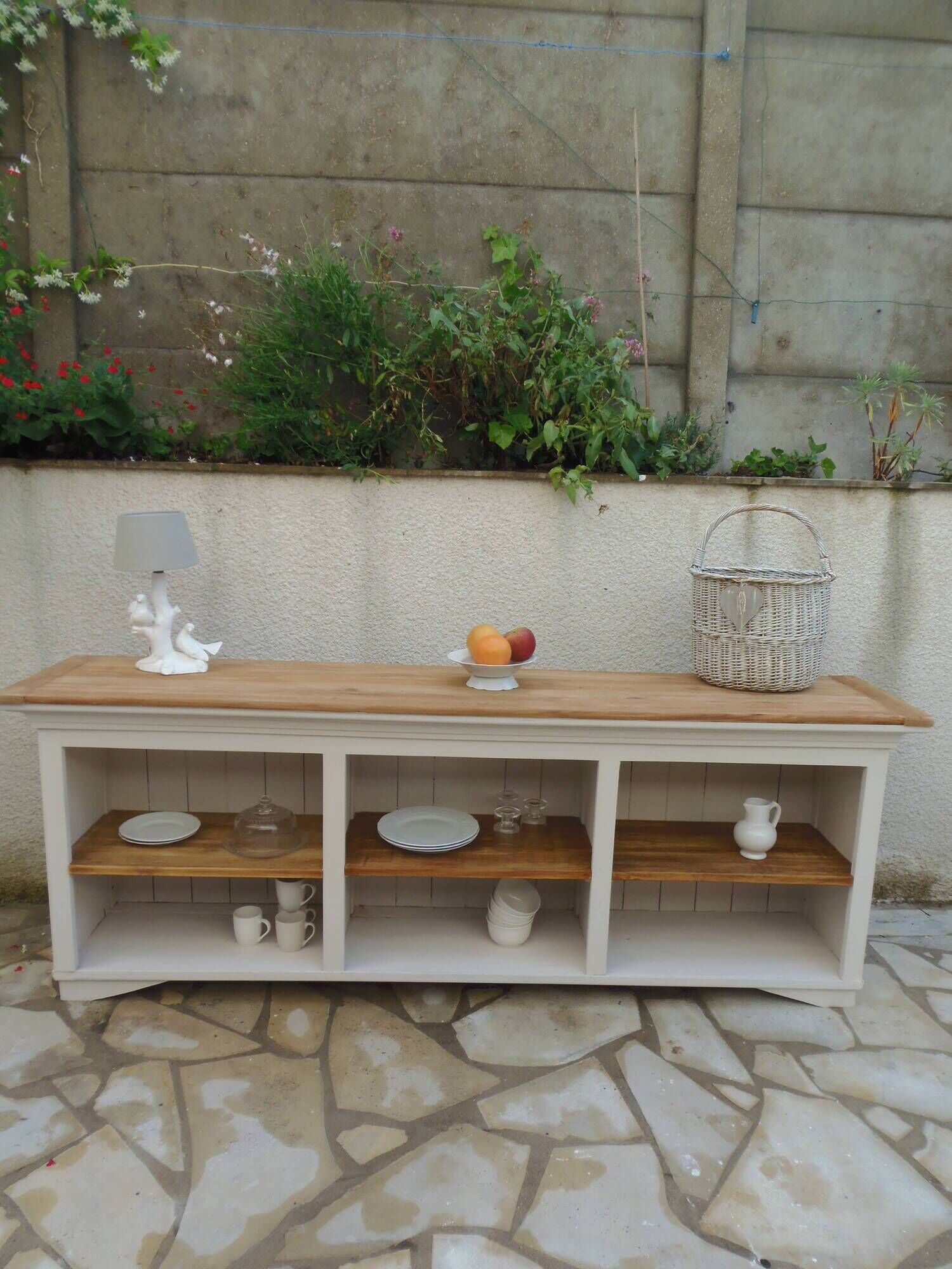 Craft furniture enhanced in pearl gray, shelves and top in raw wood.