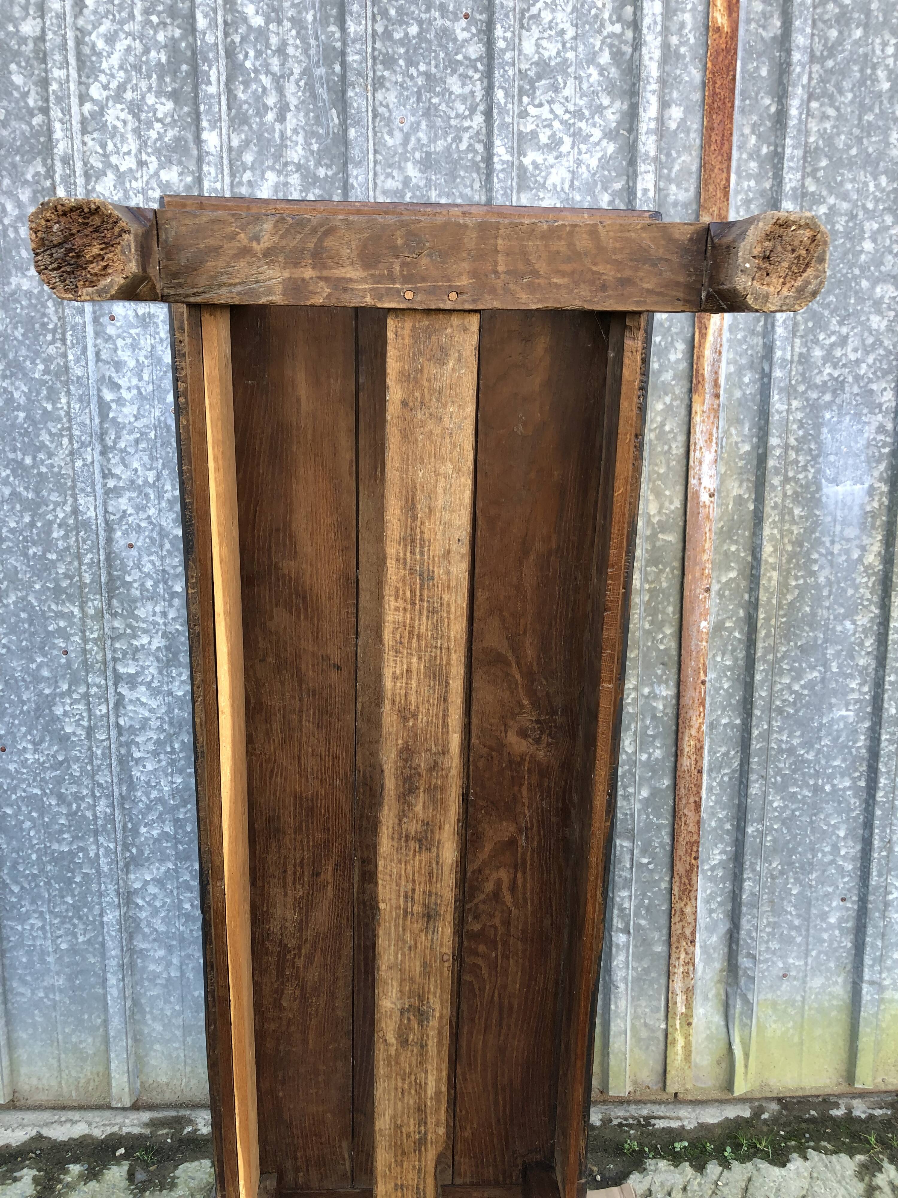 Antique oak farmhouse table with cat bar and 2 end drawers
