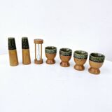 Set of 4 egg cups, salt shakers, pepper shakers and vintage wood and ceramic timer