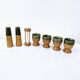 Set of 4 egg cups, salt shakers, pepper shakers and vintage wood and ceramic timer