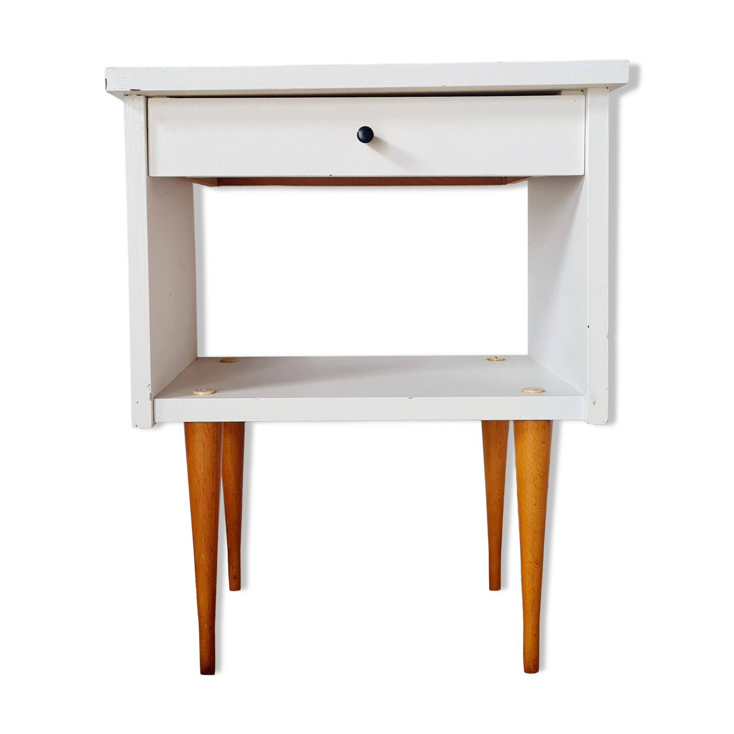 Vintage bedside table with tapered legs - white