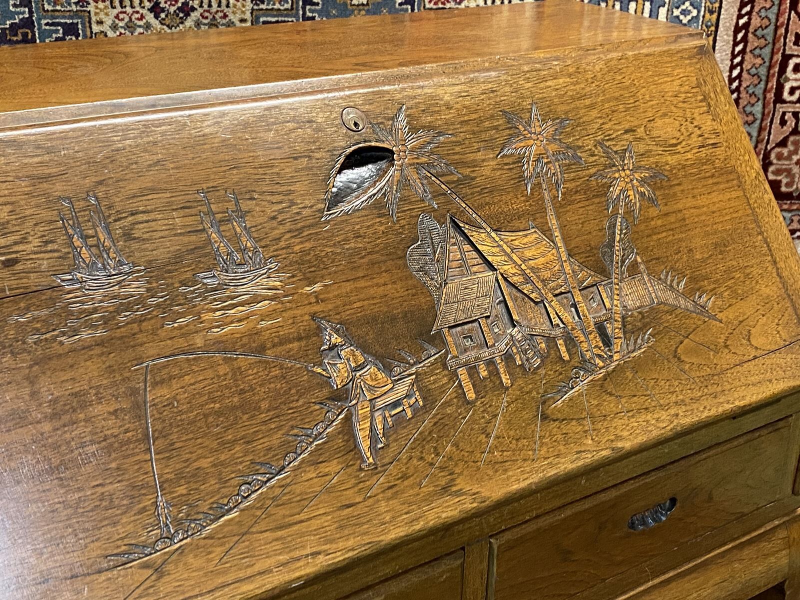 Asian-style teak secretary, 1970s manufacturing