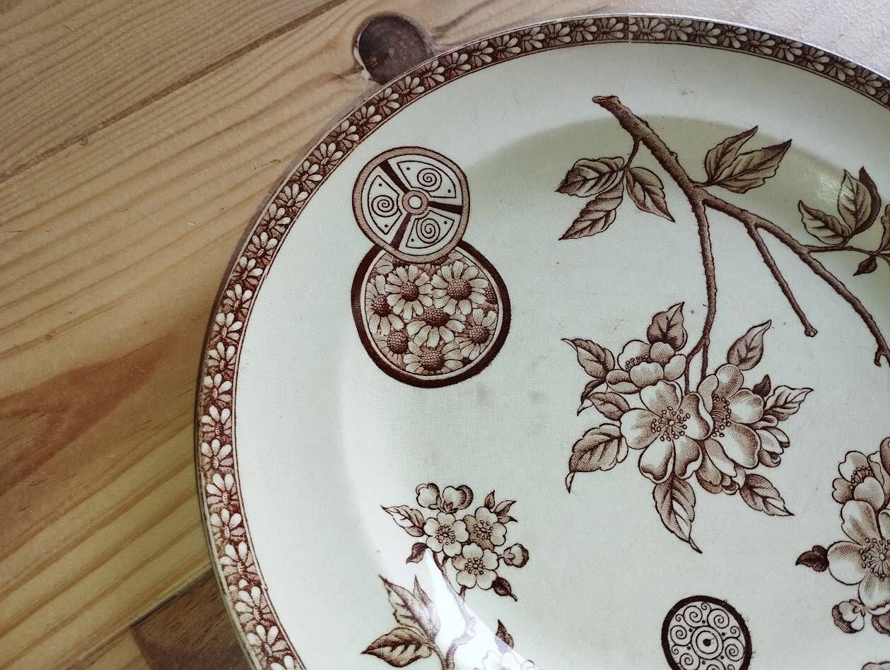 Antique ironstone plate with brown floral decoration – late 19th century