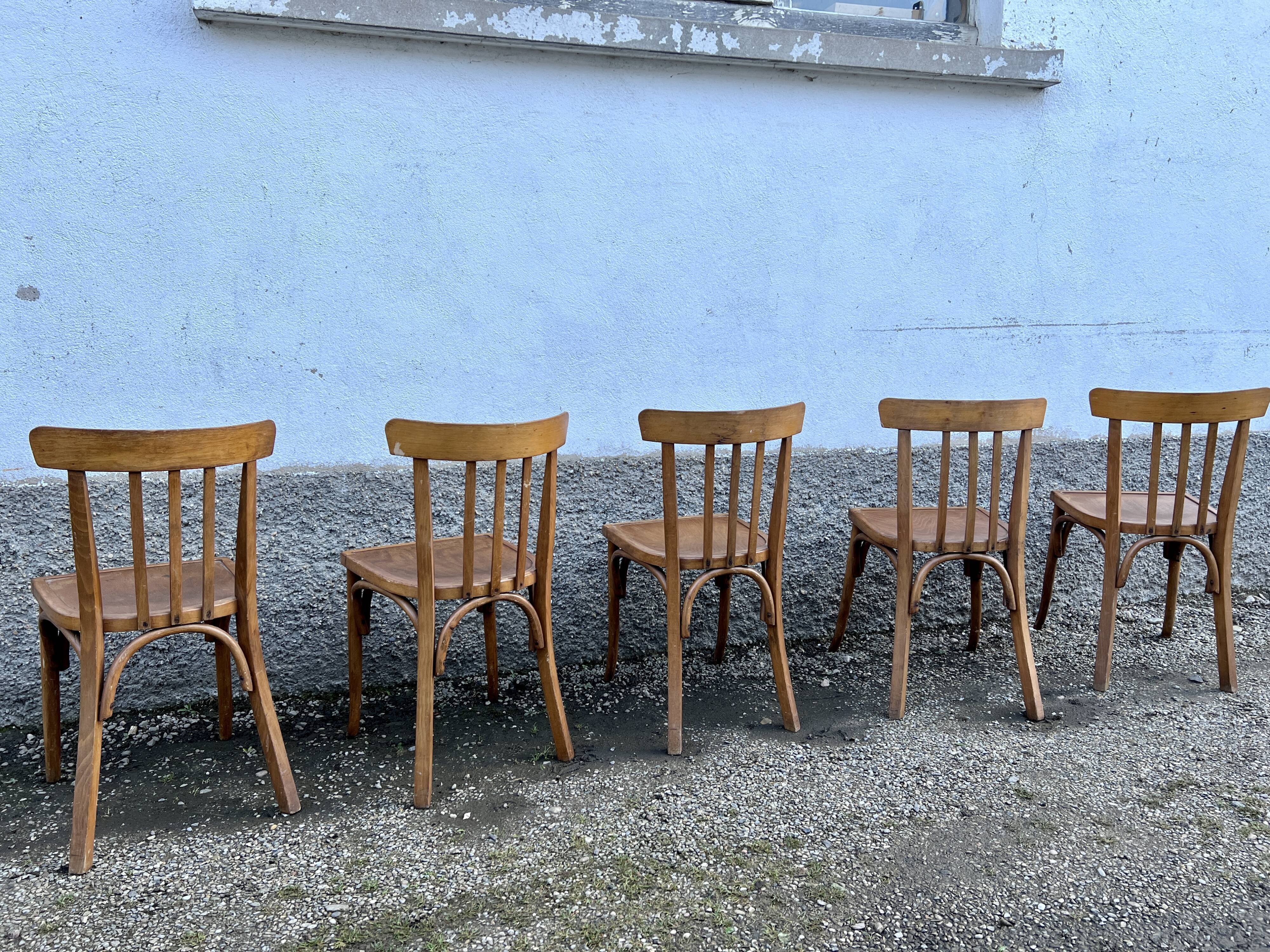 Series of 5 bistro/bohemian beech chairs - vintage - 1950