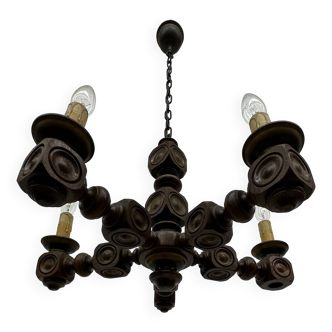 Brutalist oak wood chandelier , 1970’s